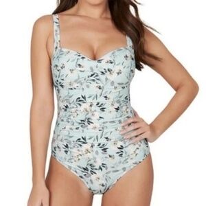 Nip Tuck Swim Boho Breeze Floral One Piece Swimsuit Ruched Aqua size 4